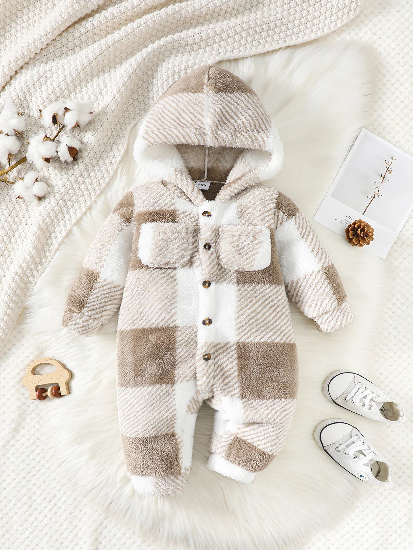 CuddleCub Plaid Plush Hooded Winter Jumpsuit